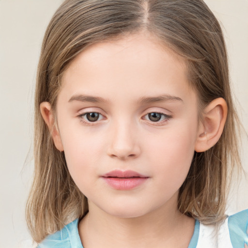 Neutral white child female with medium  brown hair and grey eyes