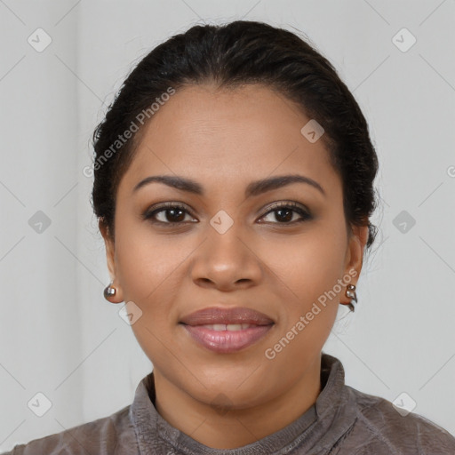 Joyful latino young-adult female with long  brown hair and brown eyes