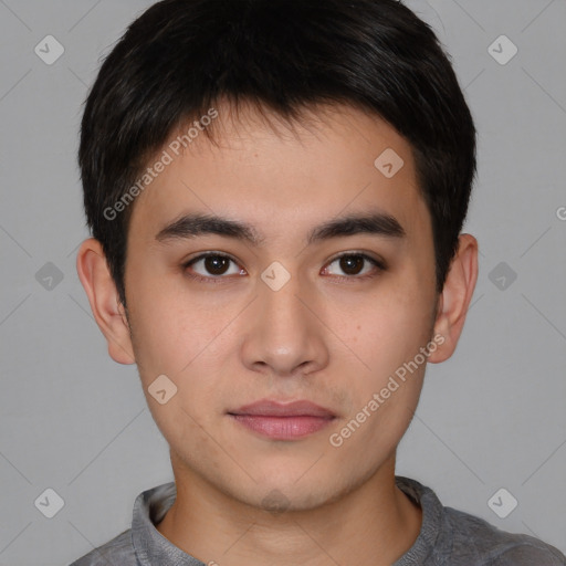 Neutral asian young-adult male with short  brown hair and brown eyes