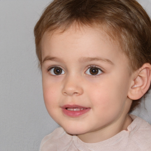 Joyful white child female with medium  brown hair and brown eyes