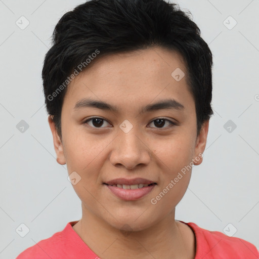 Joyful asian young-adult female with short  brown hair and brown eyes