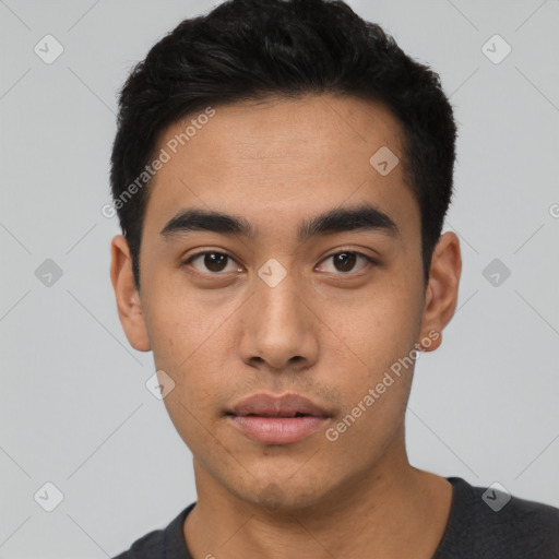 Neutral latino young-adult male with short  black hair and brown eyes