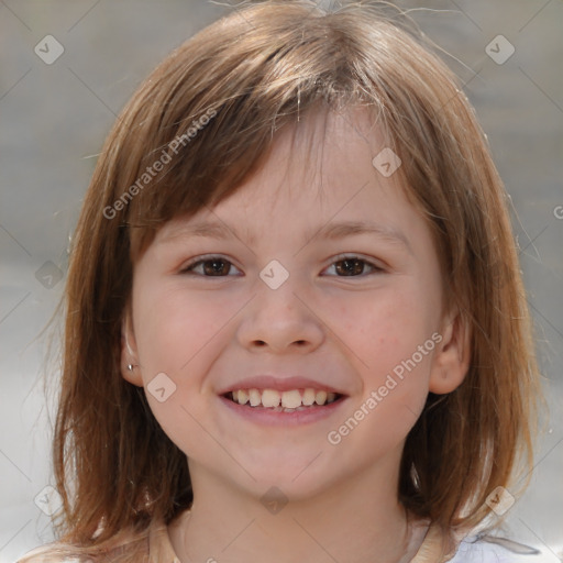 Joyful white child female with medium  brown hair and brown eyes