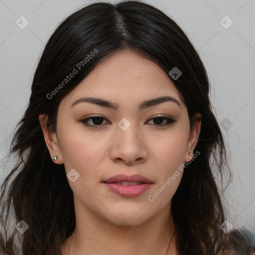 Joyful asian young-adult female with long  brown hair and brown eyes