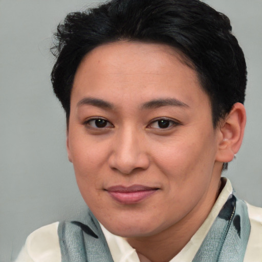 Joyful asian young-adult female with short  brown hair and brown eyes