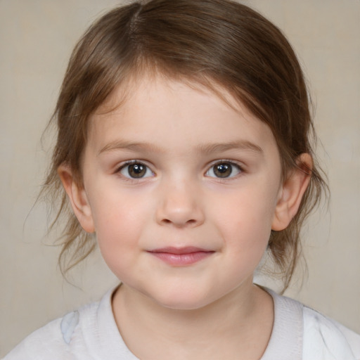 Joyful white child female with medium  brown hair and brown eyes