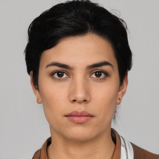 Neutral asian young-adult female with short  black hair and brown eyes
