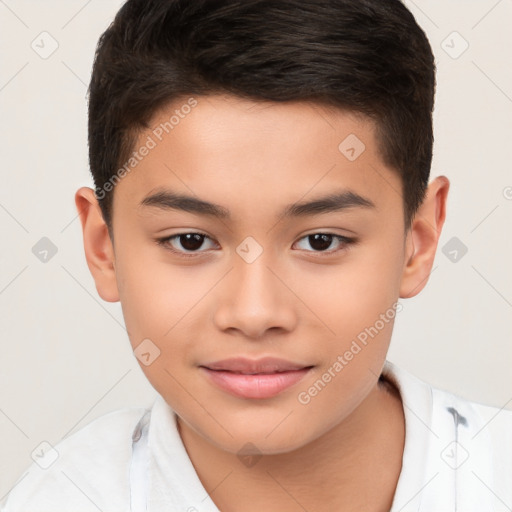 Joyful white child male with short  brown hair and brown eyes