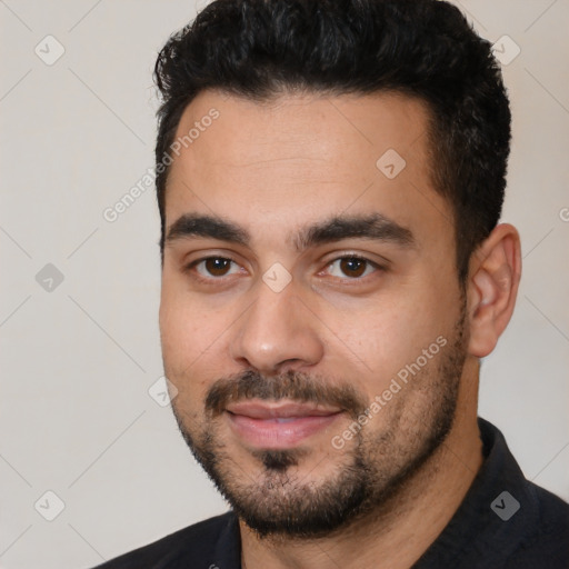 Neutral latino young-adult male with short  black hair and brown eyes