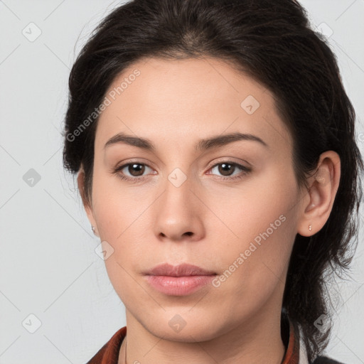 Neutral white young-adult female with medium  brown hair and brown eyes