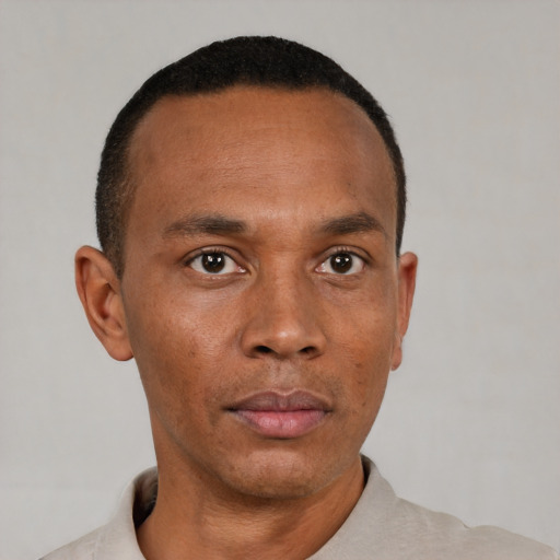 Neutral black adult male with short  brown hair and brown eyes