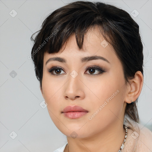 Neutral asian young-adult female with medium  brown hair and brown eyes