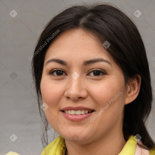 Joyful white young-adult female with medium  brown hair and brown eyes