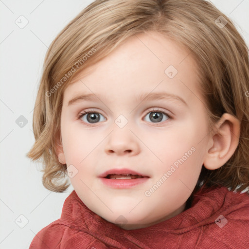 Neutral white child female with medium  brown hair and blue eyes