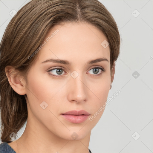 Neutral white young-adult female with medium  brown hair and grey eyes