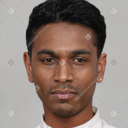 Neutral latino young-adult male with short  black hair and brown eyes