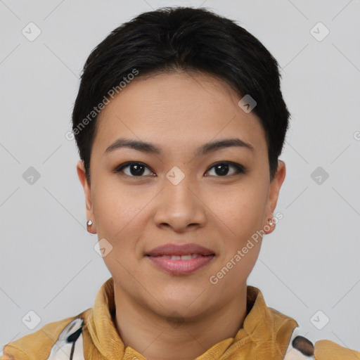 Joyful asian young-adult female with short  black hair and brown eyes