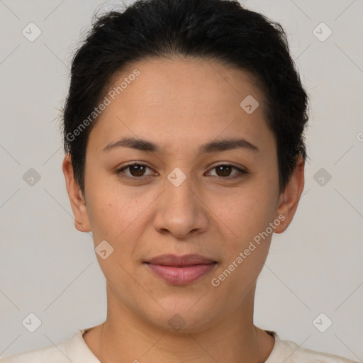 Joyful latino young-adult female with short  brown hair and brown eyes