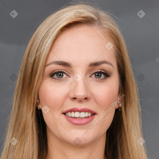 Joyful white young-adult female with long  brown hair and brown eyes