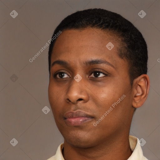 Neutral black young-adult female with short  brown hair and brown eyes