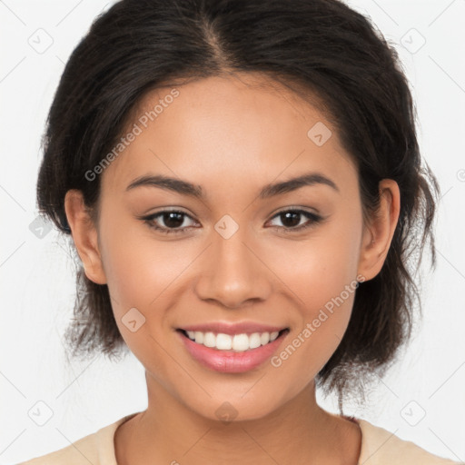 Joyful latino young-adult female with long  brown hair and brown eyes