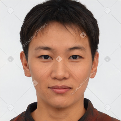 Neutral asian young-adult male with short  brown hair and brown eyes