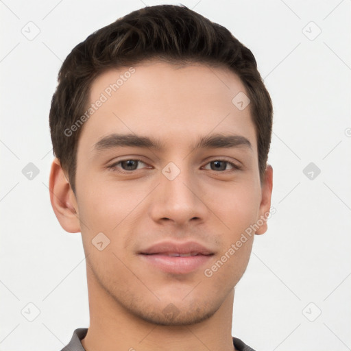 Neutral white young-adult male with short  brown hair and brown eyes