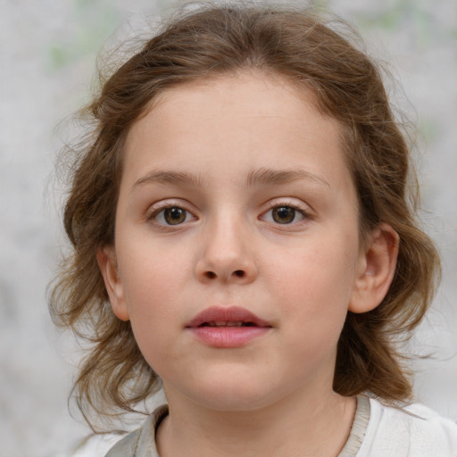 Neutral white child female with medium  brown hair and blue eyes