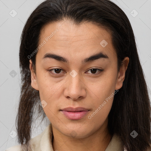 Joyful latino young-adult female with medium  brown hair and brown eyes