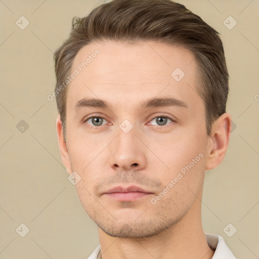 Neutral white young-adult male with short  brown hair and brown eyes