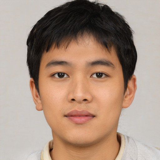Neutral asian young-adult male with short  brown hair and brown eyes