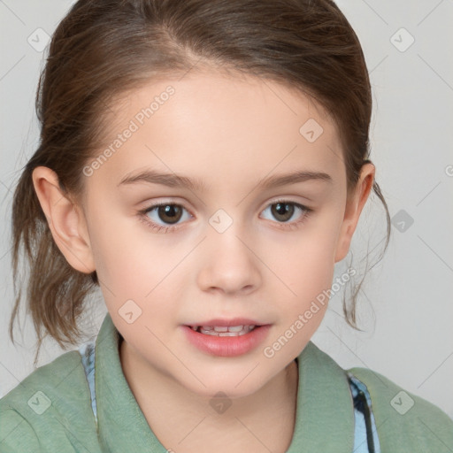 Joyful white child female with medium  brown hair and brown eyes