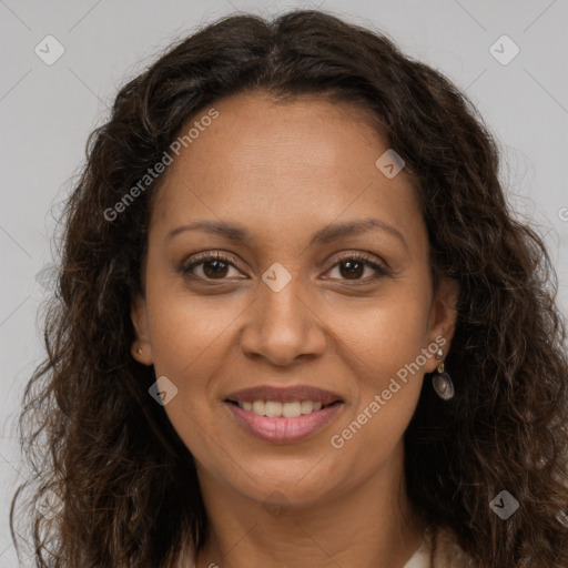 Joyful white adult female with long  brown hair and brown eyes