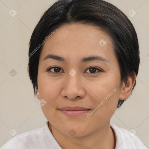 Joyful asian young-adult female with medium  brown hair and brown eyes