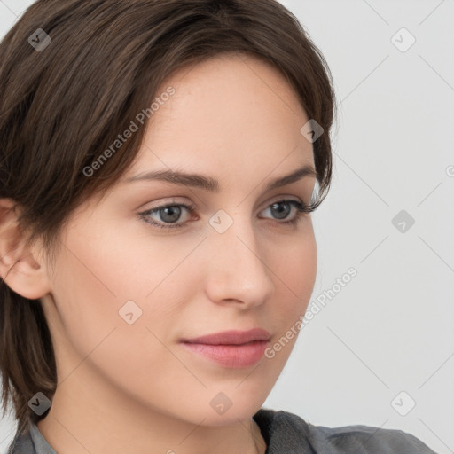 Neutral white young-adult female with medium  brown hair and grey eyes