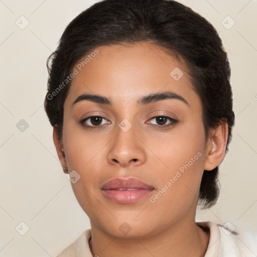 Neutral latino young-adult female with short  brown hair and brown eyes