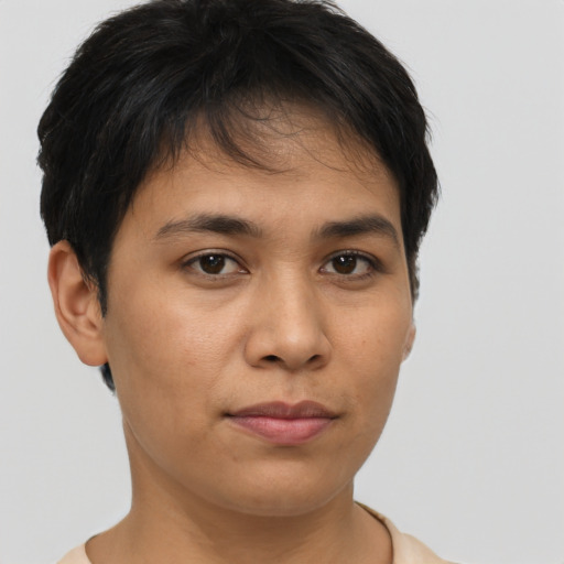 Neutral asian young-adult female with short  brown hair and brown eyes