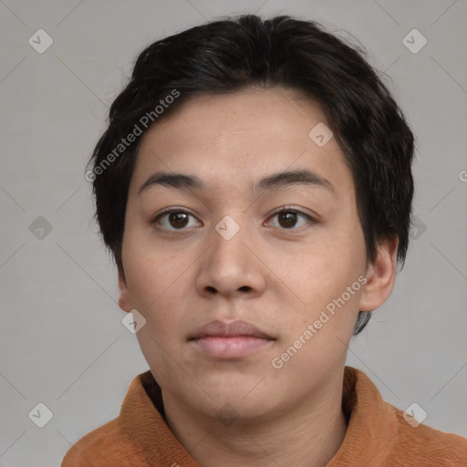 Neutral asian young-adult female with short  brown hair and brown eyes