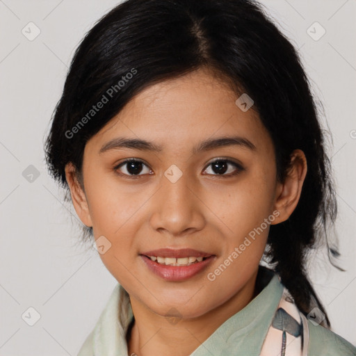 Joyful asian young-adult female with medium  black hair and brown eyes