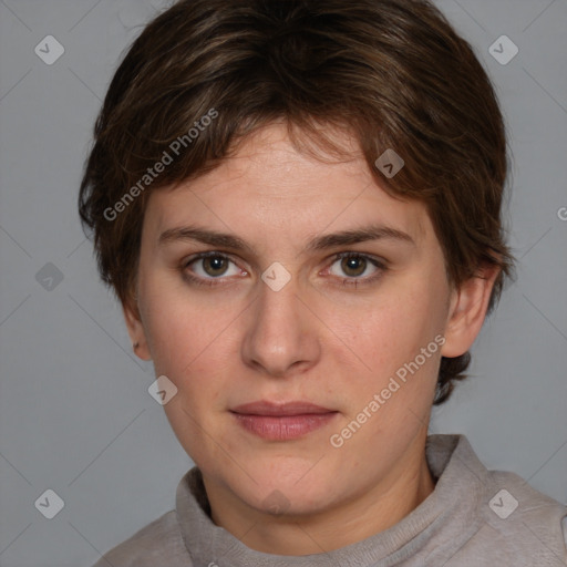 Neutral white young-adult female with medium  brown hair and grey eyes