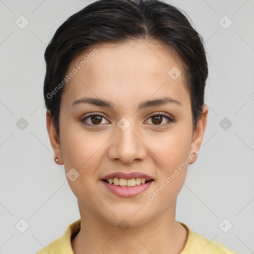 Joyful white young-adult female with short  brown hair and brown eyes