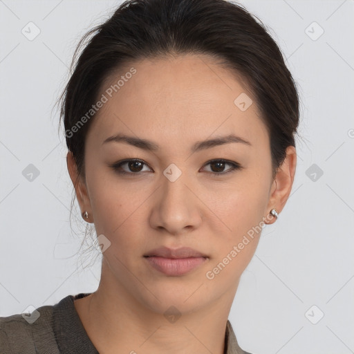 Neutral white young-adult female with short  brown hair and brown eyes