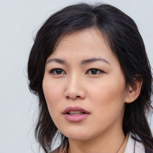 Neutral asian young-adult female with long  brown hair and brown eyes