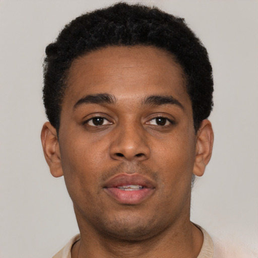 Neutral black young-adult male with short  black hair and brown eyes