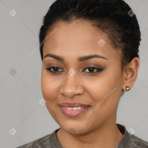 Joyful latino young-adult female with short  black hair and brown eyes