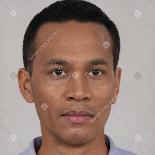 Neutral black young-adult male with short  black hair and brown eyes