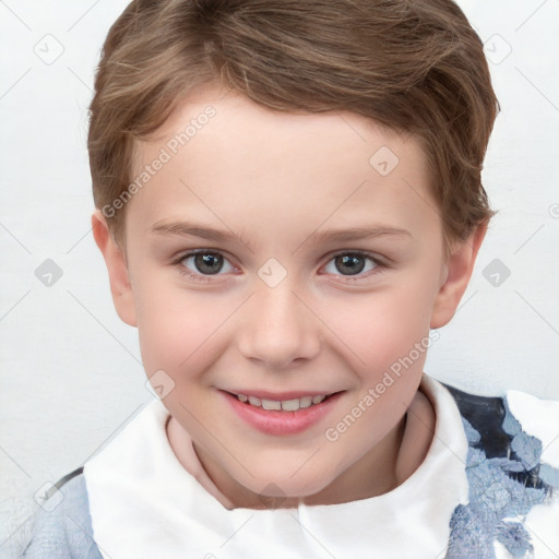 Joyful white child female with short  brown hair and brown eyes