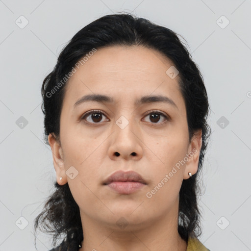 Neutral asian young-adult female with medium  black hair and brown eyes