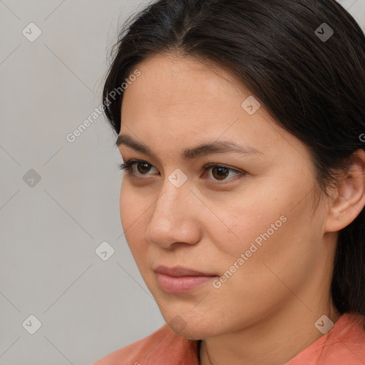 Neutral white young-adult female with medium  brown hair and brown eyes