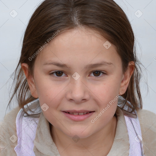 Joyful white child female with medium  brown hair and brown eyes